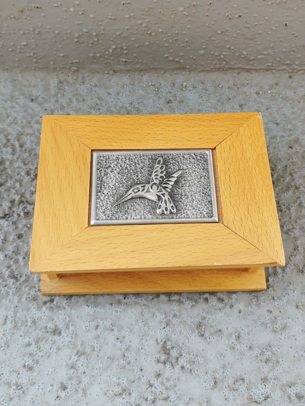 Vintage Frederick Design Wooden Keepsake Box Pewter Indigenous Hummingbird